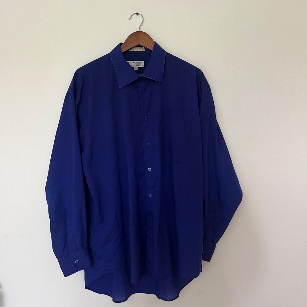 Monsieur by Givenchy Mens Royal Blue Button Down Dress Shirt 17.5 34/35